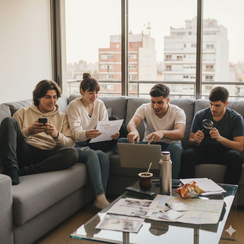 Grupo investigando entusiasmado con computadora